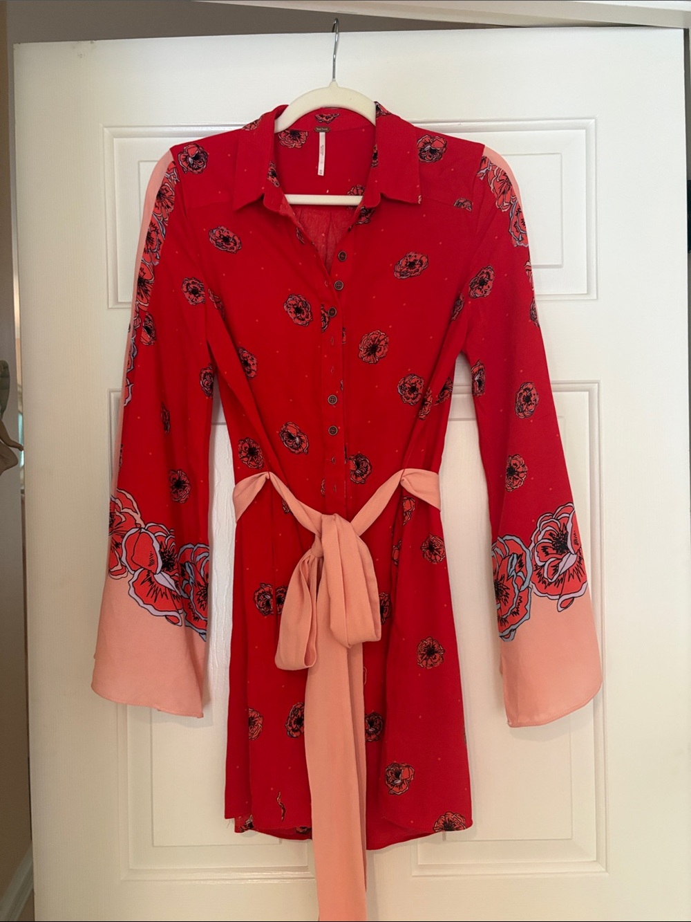 Free People Red Floral Button-Front Shirt Dress with Pink Tie Belt